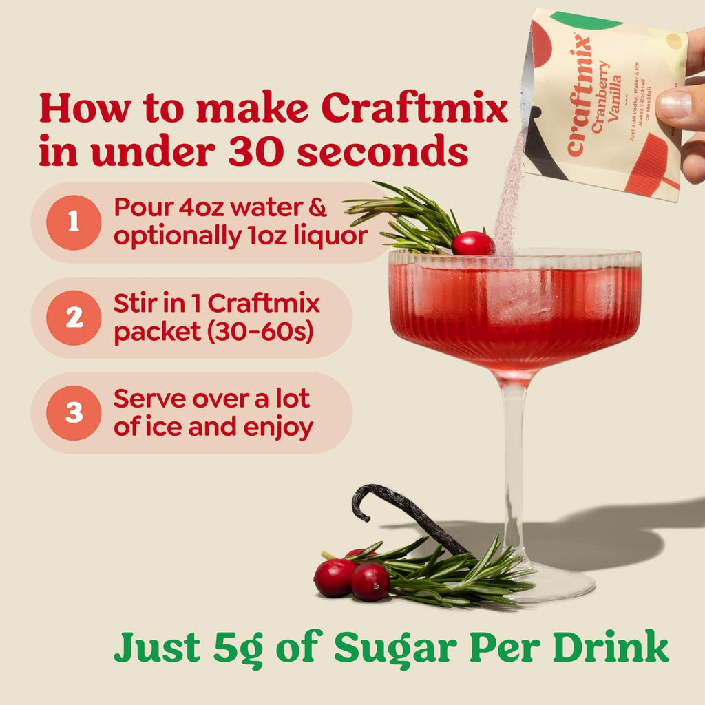 Craftmix cocktail drink mixes with colorful drinks and fresh fruit garnishes on a pink marble background.