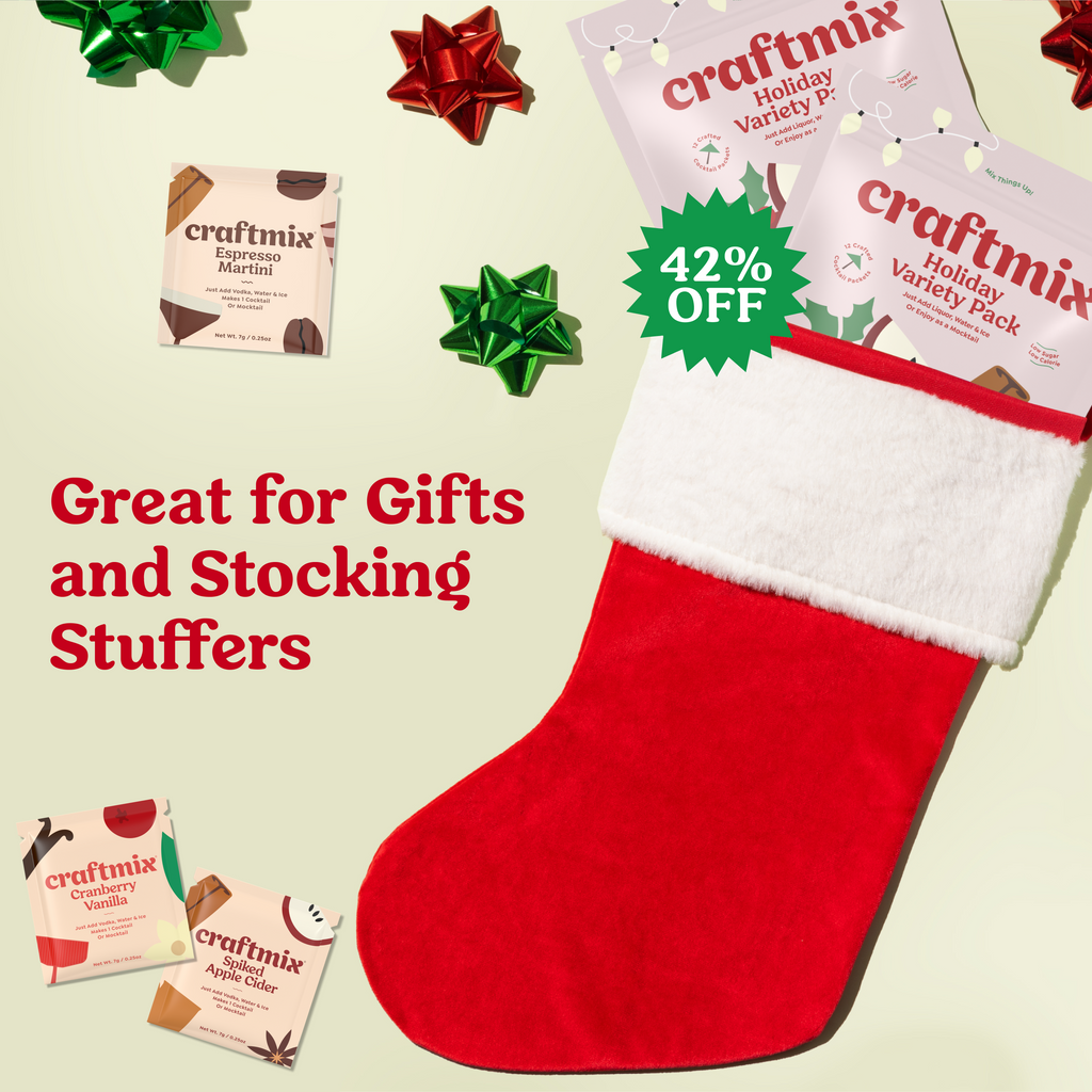 Craftmix cocktails with drink mix packets, cupcakes, and bridal party accessories on a pink confetti background with a 'bride to be' sash.