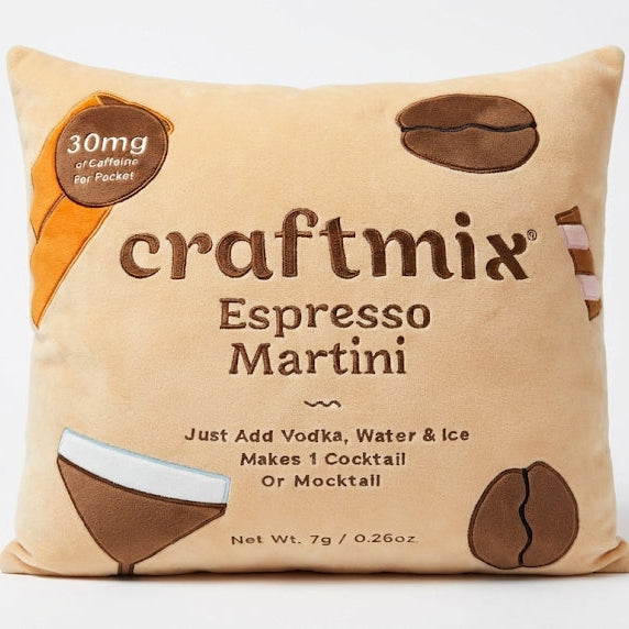 Pillow designed to look like a craftmix Espresso Martini package on a white background
