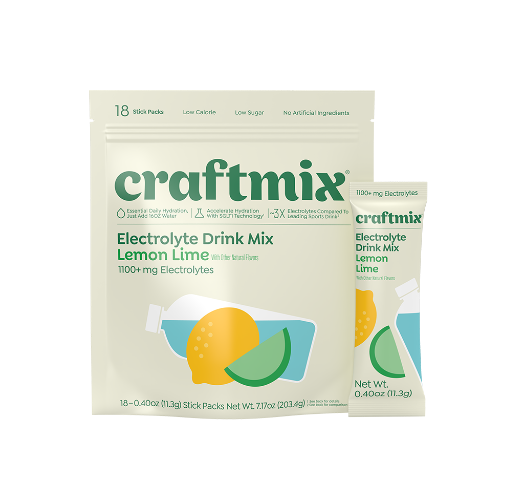 Craftmix Lemon Lime Electrolyte Drink Mix 18-stick pouch with a single Lemon Lime stick pack displayed beside it.