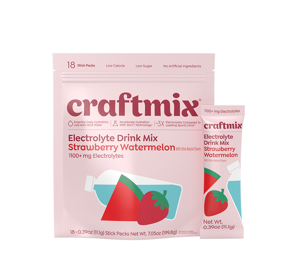 Packaging of craftmix Strawberry Watermelon electrolyte drink mix on a white background